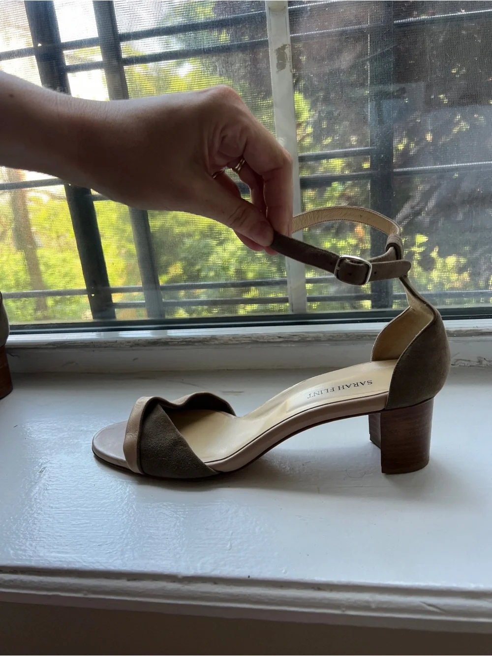 Sarah Flint Two-Tone Taupe & Beige Ankle-Strap Heels